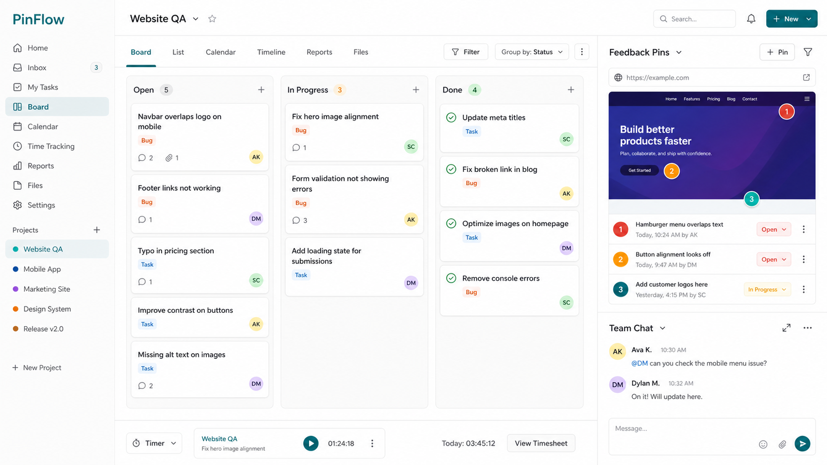 BugMega workspace showing boards, feedback pins, chat, and time tracking